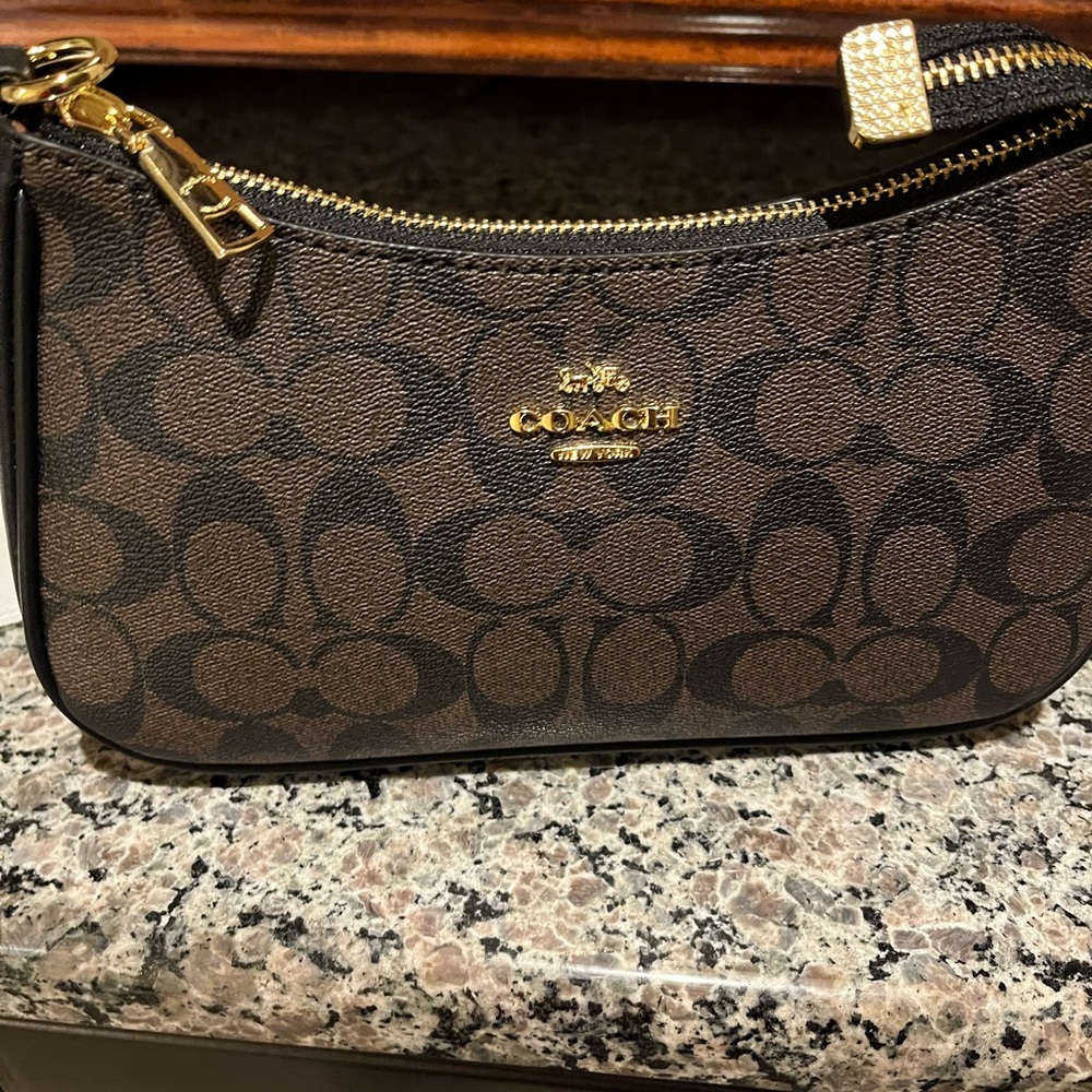 Coach Brown Signature Canvas Wristlet with Gold Hardware